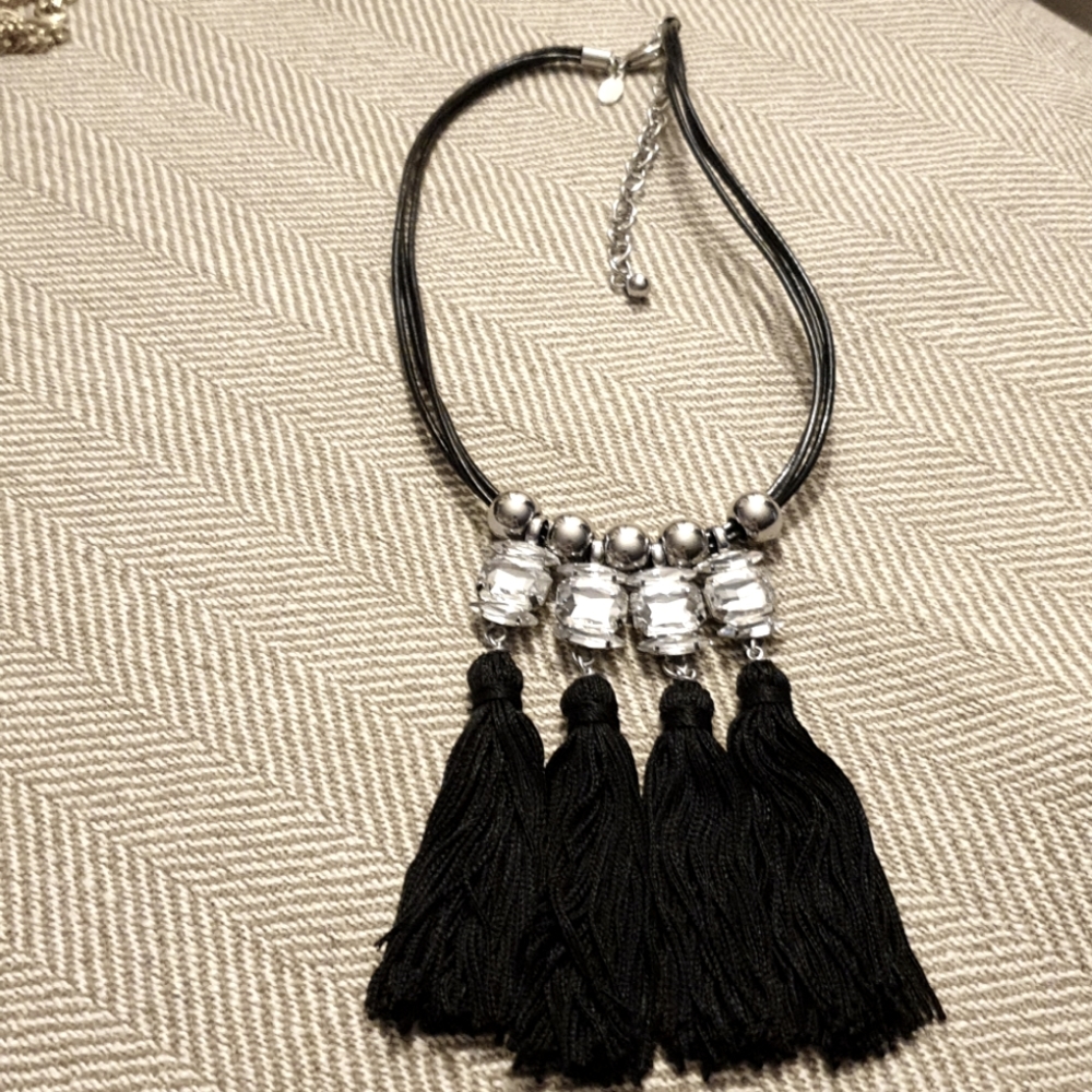 Chico's Black Tassels, Bold Stones. Silver Beads Corded Choker